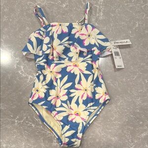 Raisins Kids One Piece Swimsuit Blue with Cream and Pink Floral